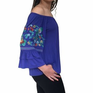 ALTAR’D STATE EMBROIDERED OFF THE SHOULDER BLUE TOP MEDIUM